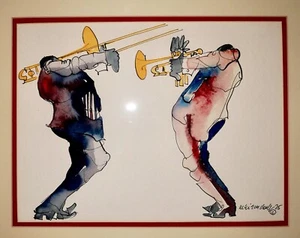 Rare c.1975 LEO MEIERSDORFF Original Watercolor&Ink Painting "BRASS DUO" Signed - Picture 1 of 24