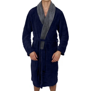 Mens- ROBE -Bathrobe -Coral Fleece Super Soft- Navy / Grey - 5 Day Delivery - Picture 1 of 1