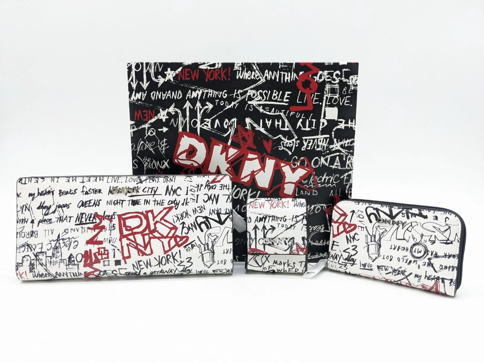 DKNY 3 PC set Gia wallet /Card-Case / Pouch-keychain Black White Graffiti Boxed