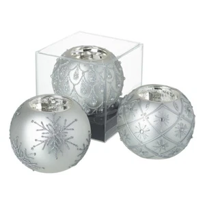 Set of 3 Silver Bauble Tealight Candle Holders Boxed Glitter Finish - Picture 1 of 3