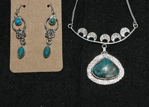 NWOT Chrysocolla 925 Silver Plated Gemstone Handmade Necklace + Earrings - Picture 1 of 11