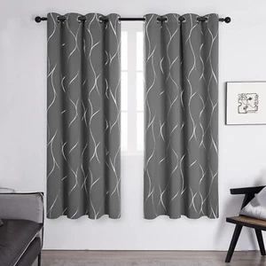 Deconovo Blackout Eyelet Silver Wave Line Foil Printed Curtains 52x72in Grey - Picture 1 of 6