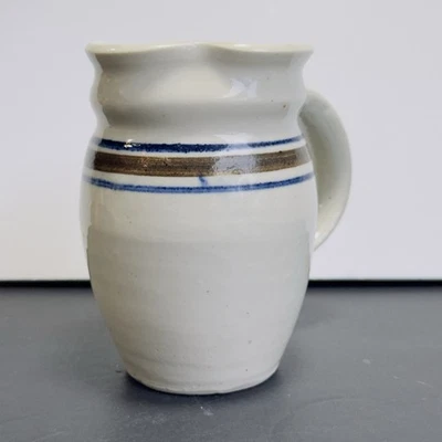 Vtg Jamestown Stoneware Pottery Pitcher Jug With Two Cobalt One Brown Bands Hand - Image 1 of 4