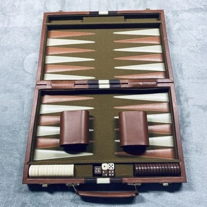Backgammon Game Set Brown Vinyl Briefcase No Instructions Vintage Brown White - Picture 1 of 19