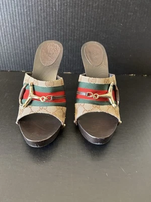 GUCCI | GG Black Canvas Horsebit Web Stripe Wooden Platform Heels Mules 8.5 - Image 1 of 4