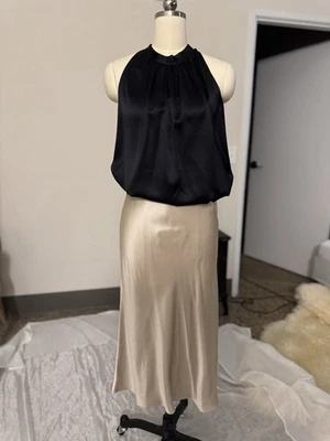 Conjunto de falda y top midi de seda Quince beige negro talla pequeña excelente Foto 1 de 4