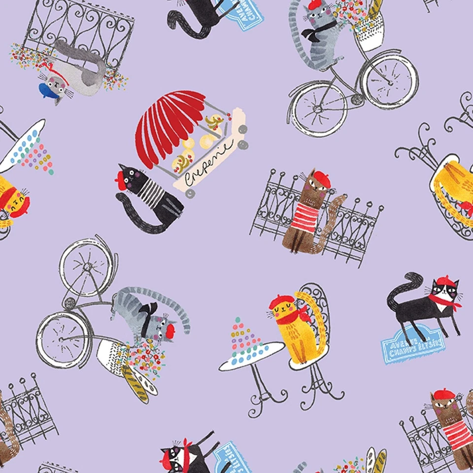 Purple Bicycle Cats 44" fabric by Benartex, 16454-64, Cats in Paris, cotton - Image 1 of 1