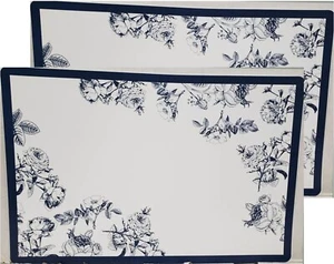 Set of 2 Same Plastic Kitchen Placemats (11"x17") WHITE & BLUE FLOWERS, GR - Picture 1 of 16