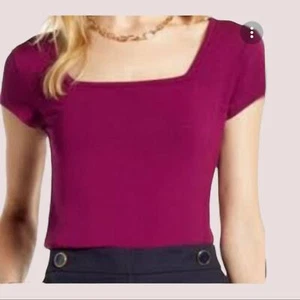 HALOGEN Square Neck Short Sleeve Stretch Tee SMALL Plum NWT - Picture 1 of 6