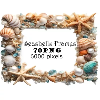 Tropical Seashells Border Frames Clipart Printable Digital Download Overlays PNG - Image 1 of 4