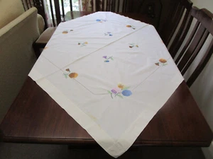HAND EMBROIDERED PANSIES TABLECLOTH A/F REPURPOSE - Picture 1 of 11