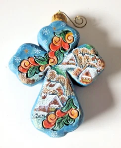 DeBrekht Christmas Ornament Wood Cross Handcrafted USA Blue Folk Art 4" - Picture 1 of 6