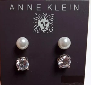 Anne Klein klare Strass Kunstperlen Ohrstecker silberfarben Ohrringe 2-teiliges Set Neu mit Etikett - Bild 1 von 5