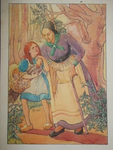 Original W/C Vintage Children's Book Illustration (c1920) Girl With Grandmother - Picture 1 of 6