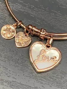 7.25" Adjustable Pink Brass Open MOP Shell Heart Charm Angelica Bangle Bracelet - Picture 1 of 9