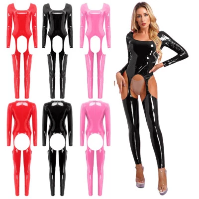 Woman's Leather Latex Full Jumpsuit Catsuit Bodysuits Bodycon Lingerie Romper - Photo 1/4