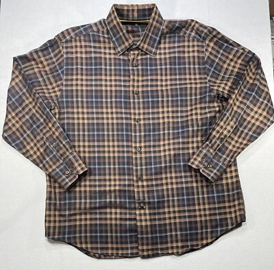 Robert Talbott Men’s Large Brown Gray Black Plaid Button-Front Dress Shirt Long - Image 1 of 4