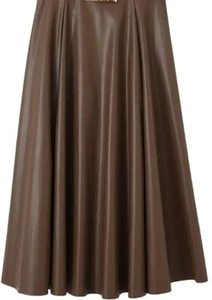 Women's Elegant PU Faux Leather High Rise Flare A-Line Midi Skirt dark brown S - Picture 1 of 13
