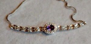 Signed JCL - 925 Sterling Silver Adjustable Bracelet Amethyst Oval Stone & CZ - Picture 1 of 9
