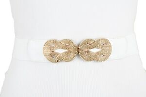 Women White Elastic Fashion Belt Hip High Waist Gold Metal Infinity Buckle S M