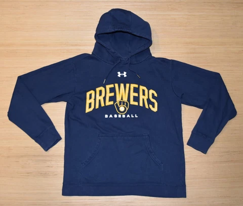 Under Armour Milwaukee Brewers Hoodie Mens Medium Blue Sweatshirt Pullover MLB Cover