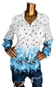 Elementz XL Top Floral Shell Sheer Lite Wgt Button Up Shirt Low V Cut Long Slv - Picture 1 of 10
