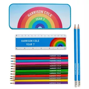 Rainbow Design Personalised Pencil Tin Set with Printed/Embossed Pencils/Ruller - Picture 1 of 4