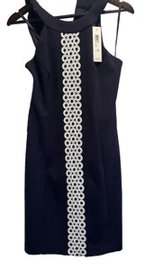 Vestido recto Eliza J para mujer azul marino halter sin mangas detalle bordado cremallera 6 - Imagen 1 de 5