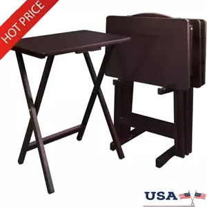 Folding Tray Table Set 5 Piece Wooden TV Tables W/ Storage Stand Easy Storage US - Picture 1 of 14