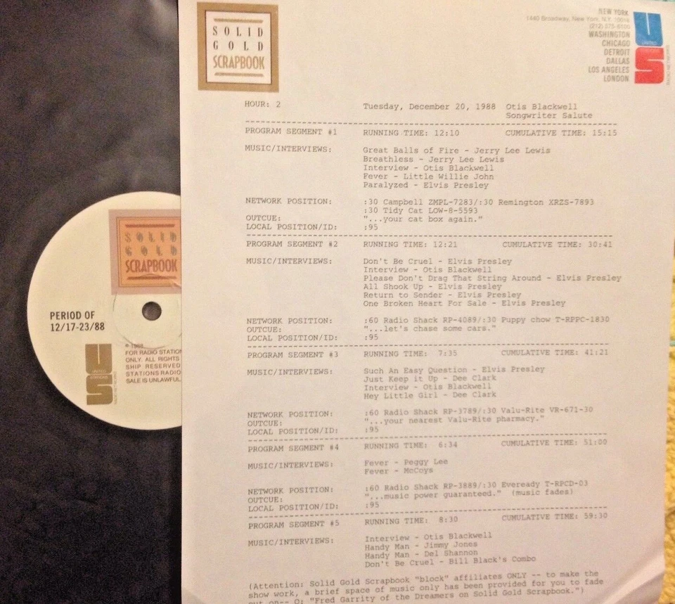 12/20/88 SOLID GOLD SCRAPBOOK SALUTES SONGWRITER OTIS BLACKWELL,7 ELVIS PRESLEY - Image 1 of 1