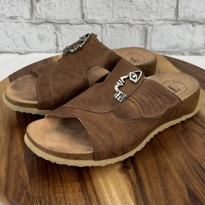 Sandalias Think Mizzi Face para mujer 7 cuero marrón sin cordones corcho cómodas deslizables - Imagen 1 de 10