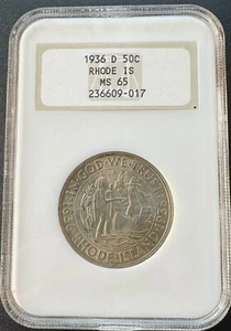 1936 D 50 Cent Rhode Island Commemorative Silver Half Dollar Fatty Holder MS 65 - Picture 1 of 4