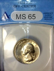 1974 ERROR OFF CENTER ANACS MS65 Washington Quarter NICE GEM BU O/C Coin NR - Picture 1 of 4