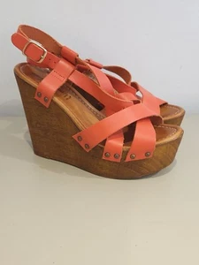 Orange Leder Chunky Holz Wedges Plateau Y2K Größe 6 EU 39 Sandro Rosi - Bild 1 von 7