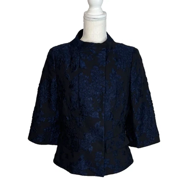 Escada Navy Blue Black Floral Brocade Silk Blend Jacket Medium 3/4 Sleeve Dressy - Image 1 of 4