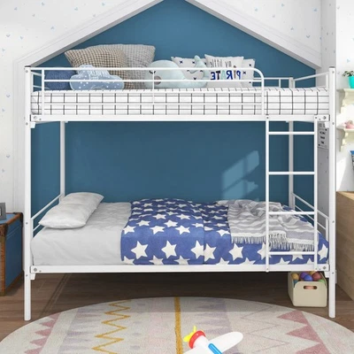 Twin-Over-Twin Bunk Bed with Metal Frame and Ladder, Space-Saving Design,White - Image 1 of 4