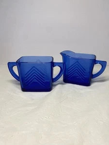 Vintage Hazel Atlas Kobaltblau Chevron Vertiefung Glas Sahne & Zucker Set - Bild 1 von 19
