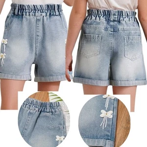 Girls Casual Ripped Jeans Daily Wear Distressed Demin Shorts Elastic Waistband - Picture 1 of 15