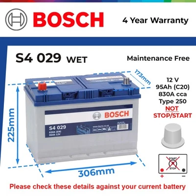 Battery fits KIA SORENTO Mk1, Mk2, Mk3 2.0D 2.2D 2.5D 02 to 20 Bosch 250 830A - Image 1 of 4