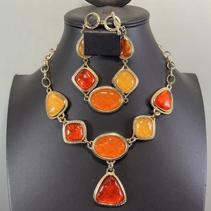 Goldfarbene Statement-Halskette & Armband 9 "Orangerote Cabachons mit Hänger 21" - Bild 1 von 12