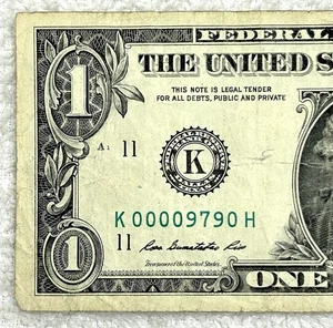2009 Low Fancy Serial $1 Bill Federal Reserve Note - 00009790 - Bild 1 von 3