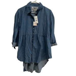 Cupio Womens Denim Tunic Top Button Down Roll Tab Sleeve High Low Hem Large - Picture 1 of 7