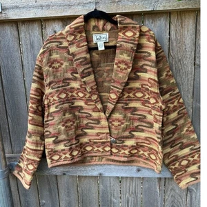 VTG 90s cotton tan yellow Southwest aztec short JACKET Medium WESTERN Tantrums - Picture 1 of 3