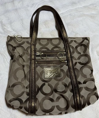 Auténtico Bolso de Mano COACH Poppy Op Art Glam Dorado y Caqui #13826 Foto 1 de 4