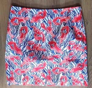 Talbots Skirt 8 Pink Lobsters Blue Coral Coastal Summer Nautical Print Zip Side - Picture 1 of 7