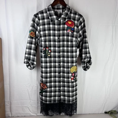 Vestido Nicole Miller Mujer 8 Negro Blanco Cuadros Floral Bordado Encaje Dobladillo Boho Foto 1 de 4