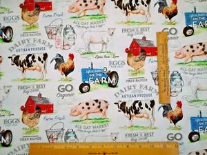 Quilt Fabric By Yard Dairy Farm Cows Animal Tractor Barn Ivory Premium Cotton #N - Picture 1 of 2