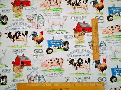 BROTHER & SISTER DESIGN STUDIO Quilt Fabric By Yard Dairy Farm Cows Animal Tractor Barn Ivory Premium Cotton #N
