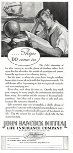 Seguro mutuo John Hancock 1937: los barcos vienen en anuncio impreso vintage - Imagen 1 de 1
