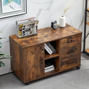 Brown Wood Filing Cabinet Office Cabinet Orgnizer File Storage Shelf with Lock - Picture 1 of 15